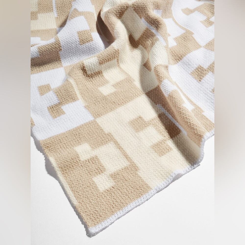 BaubleBar Checkered Throw Blanket Initial Beige Tan Cozy